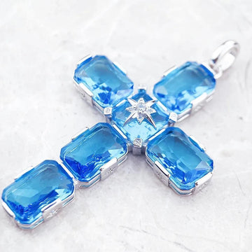 Brand New Fine Cross With Large Quality Aquamarine-Coloured Crystals - 925 Sterling Silver Pendant Gift For Ladies - The Jewellery Supermarket